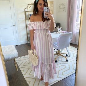 Buddy Love Off Shoulder Pink Striped Maxi Dress
